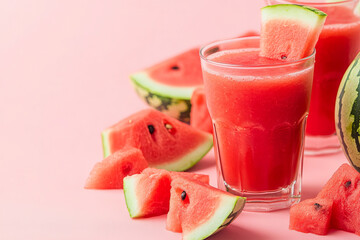 Close-up fresh watermelon juice or smoothie in glasses with watermelon pieces on pink background. Refreshing summer drink
