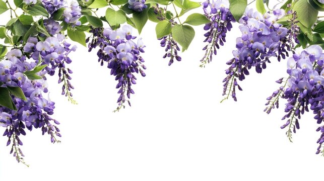 Purple wisteria flowers hanging in a frame shape.