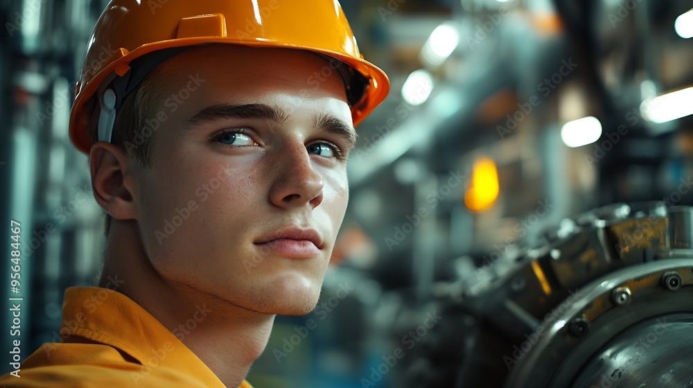 Poster industrial diligent worker safeguarded by a hard hat engrossed in his duties amidst the complex mach
