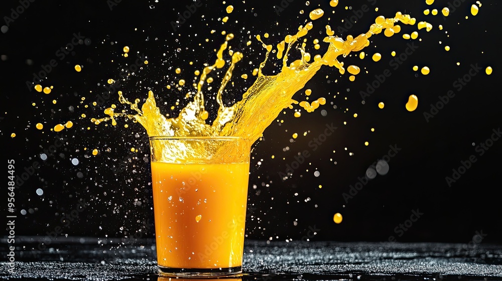 Poster a glass of orange juice explodes in a burst of golden liquid, creating a dramatic and refreshing ima