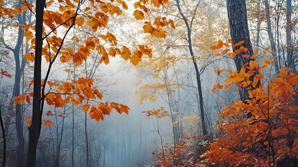 Fototapeta premium Vibrant Autumn Leaves in Morning Mist. AI generated illustration