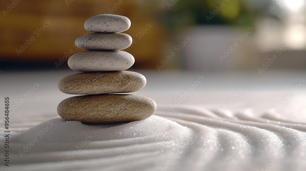 Poster zen garden with the stones and white sand pattern minimal scene stack of balanced pebbles zen pebble