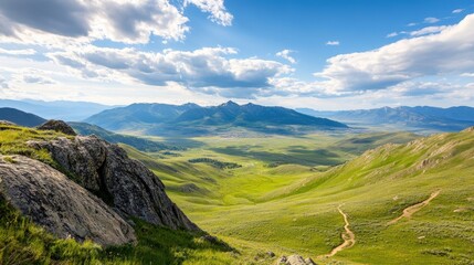 a remote mountain landscape with rugged peaks, winding trails, and a distant city visible in the valley below, capturing the grandeur of nature