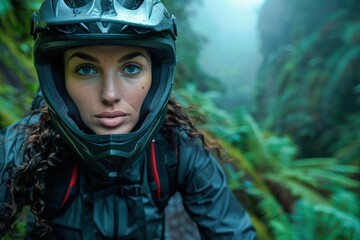 A determined mountain biker wearing a protective helmet rides through a lush, fog-covered terrain, embodying adventure, focus, and the wild beauty of nature.
