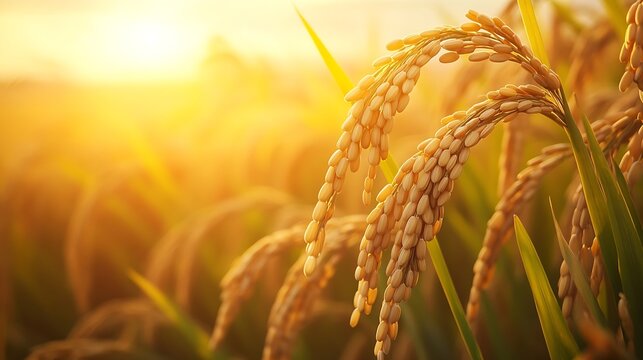 Golden paddy field swaying over sunset day time in Asia Raw short grain rice crop stalk with ears detals organic agriculture farming concept : Generative AI