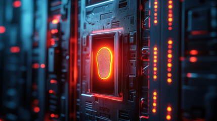 Obraz premium Close-up of a glowing circuit board with a red light, showcasing technology and modern digital design.