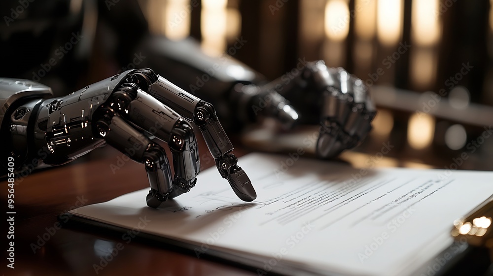 Poster Future innovative concept of efficient and fair justice system with closeup robotic hand signing legal document as artificial intelligence in transparent judicial proceedings by AI jud : Generative AI