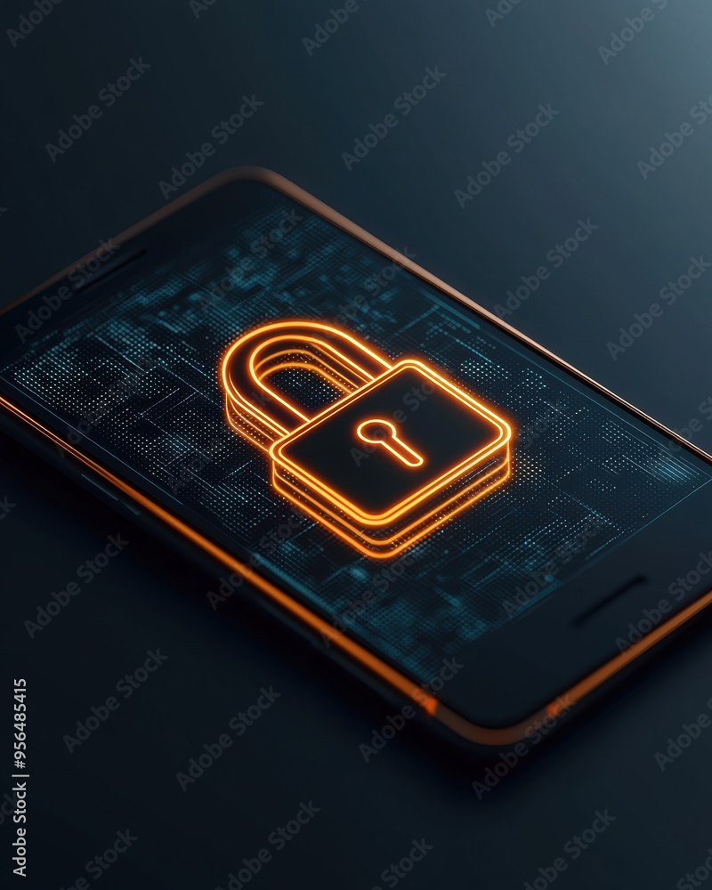 Poster digital security concept featuring a smartphone with a glowing lock symbol on a tech background. rep