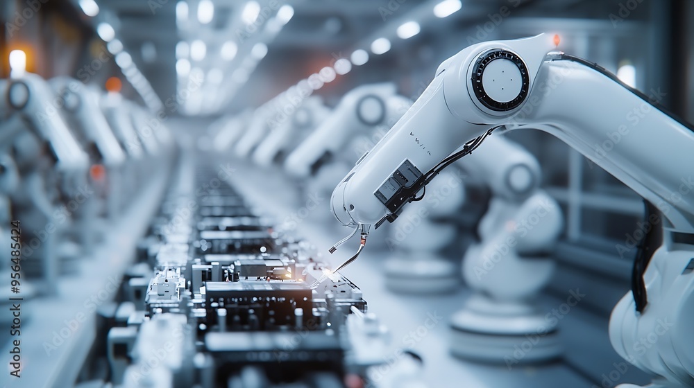 Aufkleber industrial robot arms assemble lithiumion ev battery pack row of white robotic arms at automated pro