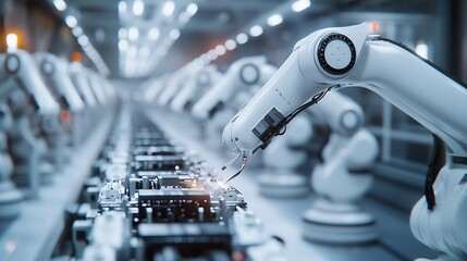 Fototapeta premium Industrial Robot Arms Assemble LithiumIon EV Battery Pack Row of White Robotic Arms at Automated Production Line at Bright Modern Factory Electric Car Manufacturing Inside Automotive S : Generative AI