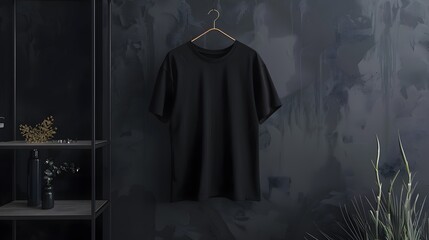 Naklejka premium A black t-shirt hangs on a wooden hanger against a dark grey textured wall.