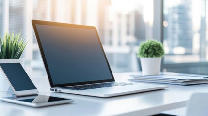 a remote work setup with a laptop, tablet, and smartphone on a clean desk, with a virtual meeting in progress, showcasing the flexibility and adaptability of modern work environments