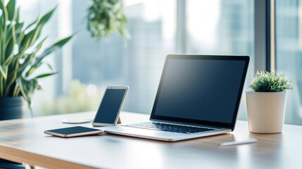 a remote work setup with a laptop, tablet, and smartphone on a clean desk, with a virtual meeting in progress, showcasing the flexibility and adaptability of modern work environments