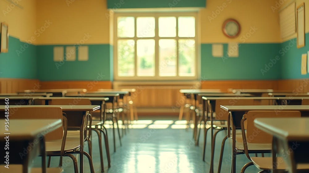 Poster empty school classroom with desks and chairs : generative ai