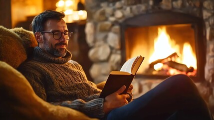A man relaxes in a cozy armchair by a fireplace, reading a book.
