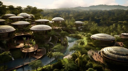 A panoramic view of a sustainable resort with eco-friendly practices such as rainwater harvesting and renewable energy sources.