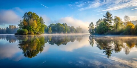 Obraz premium Tranquil lake with misty morning fog and mirror-like water reflecting surrounding trees