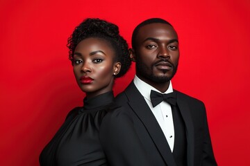Elegant couple in formal attire on red backdrop.