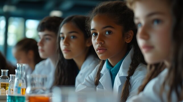 Diverse group of young teens wearing lab coats enjoying science experiments in school together : Generative AI