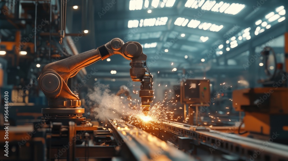 Aufkleber a robotic arm is actively welding components on a production line in a vibrant workshop, creating sp