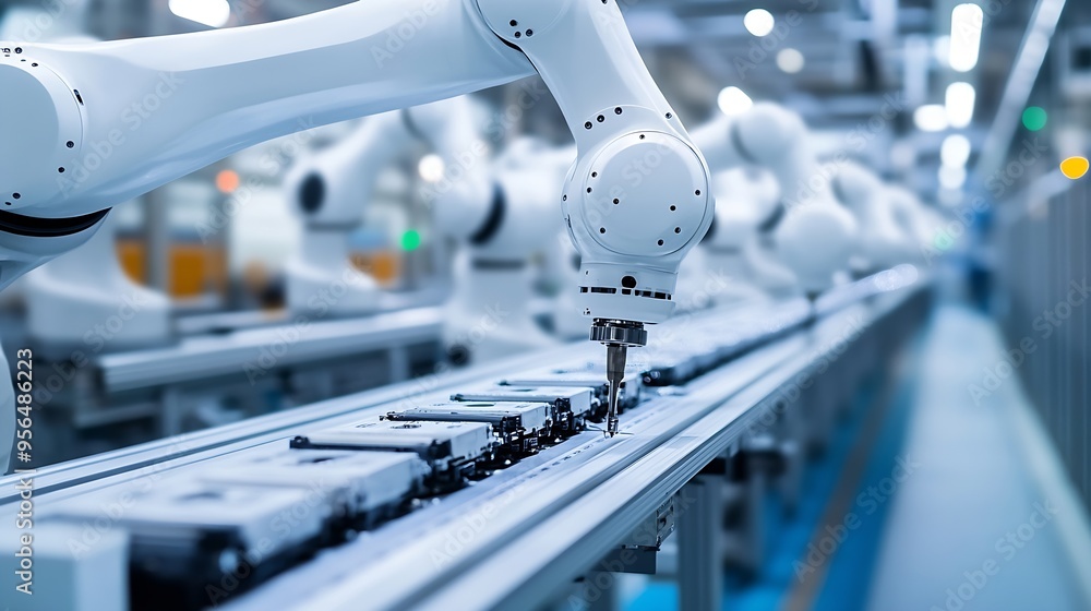 Aufkleber row of white robotic arms at automated production line at factory electric car manufacturing line in