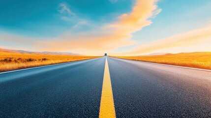 Fototapeta premium a road stretching into the distance with a car driving along, representing travel and freedom
