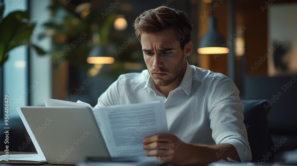 Poster young businessman concentrating on paperwork while working on a laptop professional setting in a mod