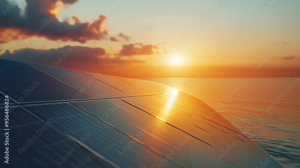 Poster solar panel against sunset sky background photovoltaic alternative electricity source idea for susta