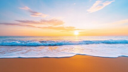 Fototapeta premium a serene beach at sunset with gentle waves lapping at the shore, the sky painted in warm hues of orange and pink, evoking a sense of calm and tranquility