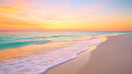 a serene beach at sunset with gentle waves lapping at the shore, the sky painted in warm hues of orange and pink, evoking a sense of calm and tranquility