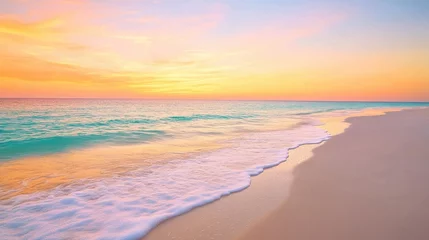 a serene beach at sunset with gentle waves lapping at the shore, the sky painted in warm hues of orange and pink, evoking a sense of calm and tranquility