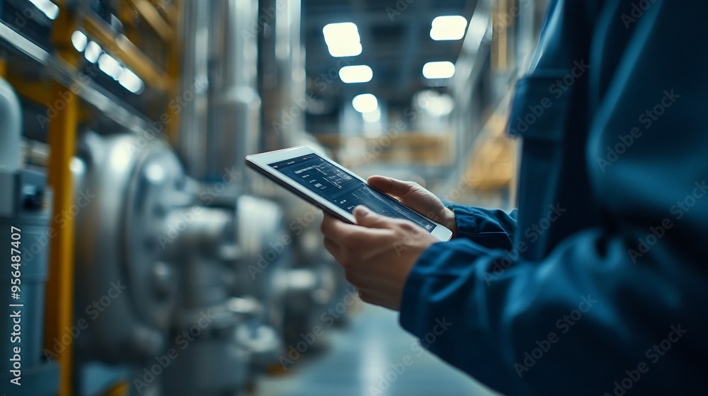 Poster Smart industry control conceptHands holding tablet on blurred automation machine as background : Generative AI