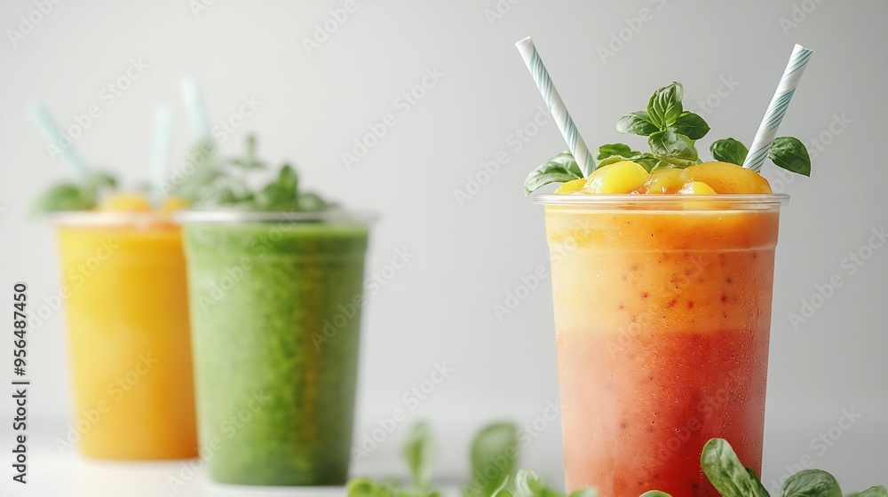 Poster Freshly pressed Fruit vegetable juice smoothie with fruits veggie toppings on white background file Many assorted different flavour Mockup template for artwork design : Generative AI