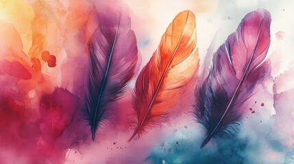 Obraz premium An artistic composition of feathers and watercolor paints, blending vibrant colors with soft textures