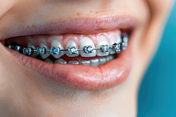 Obraz premium This image is a close-up shot capturing the detail of a person's smile with metallic braces on their teeth, highlighting dental care and orthodontics in perfect clarity.