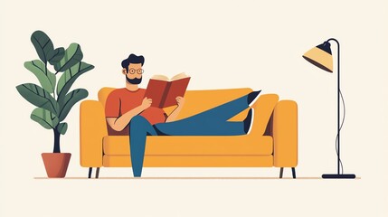 A man relaxes on a yellow couch, reading a book.