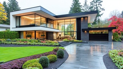 Obraz premium Modern Tranquility: Exquisite Waterfront Residence with Serene Garden Oasis
