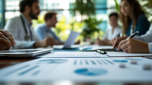 meeting and teamwork with doctor and team stuff discussing planning consulting and healthcare strategy on paper : Generative AI