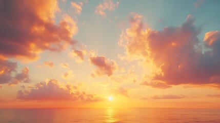 Obraz premium Golden Hour Sunset Sky clouds over sea in the evening with Orange sunlight Landscape horizon sea sky nature Background : Generative AI