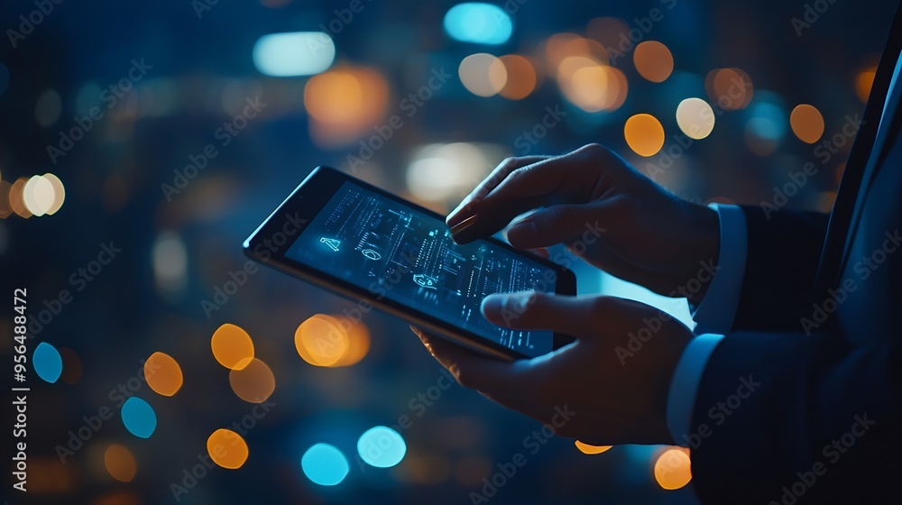 Poster Hands of businessman using tablet computer with smart industry control over dark blue background Concept of internet of things and hi tech : Generative AI