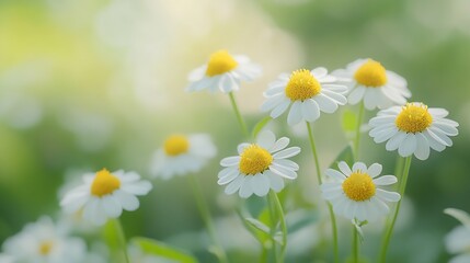 Fototapeta premium Tanacetum parthenium feverfew white yellow flowering plant Traditional medicinal daisy herb in summer garden : Generative AI
