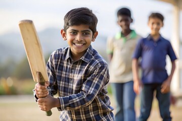 Indian Boy Playing Cricket Outdoors - An Indian boy playing cricket in an open field, capturing outdoor fun.
