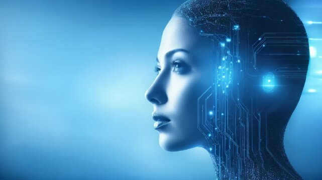 AI Technology and Future Conceptual Artwork with Blue Circuit Board Background and Digital Human Face Profile