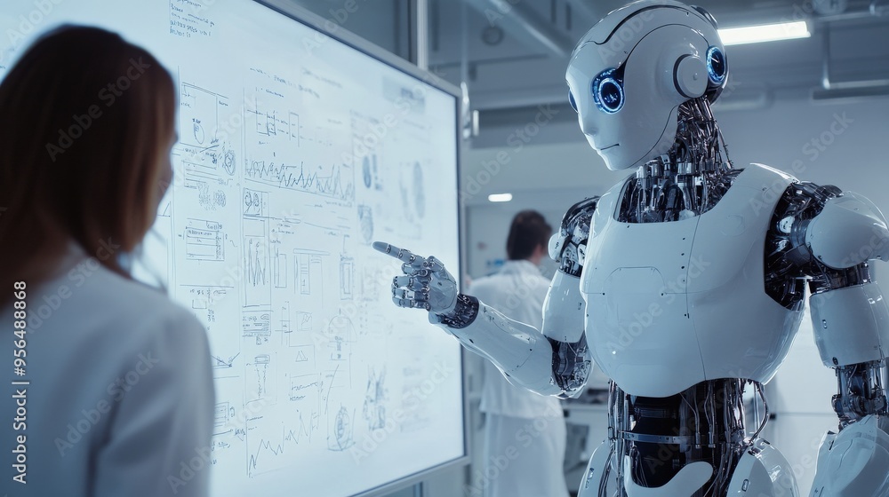 Poster in a state-of-the-art laboratory, a team of scientists engages with a humanoid robot, analyzing data