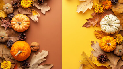 Autumn thanksgiving card with pumpkins, dry flowers and leaves. Split warm brown and gold background. Generative AI