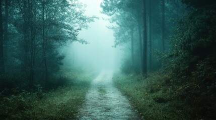 Fototapeta premium A mysterious, dark green forest path shrouded in fog, with morning dew glistening on the leaves. The path leads into the unknown, with ample copy space.