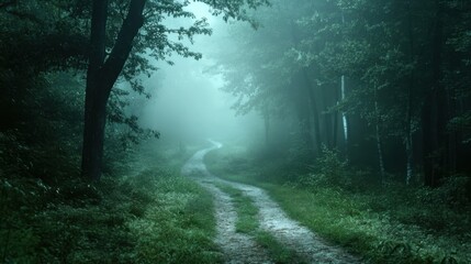 Obraz premium A mysterious, dark green forest path shrouded in fog, with morning dew glistening on the leaves. The path leads into the unknown, with ample copy space.