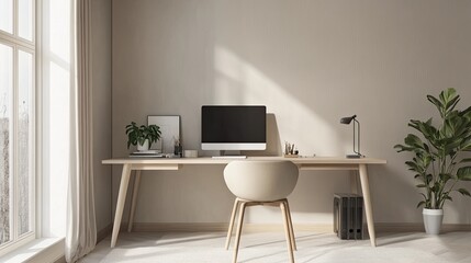 A minimalist home office with a desk, chair, computer, and plants. The room is bathed in natural light, creating a bright and airy atmosphere.