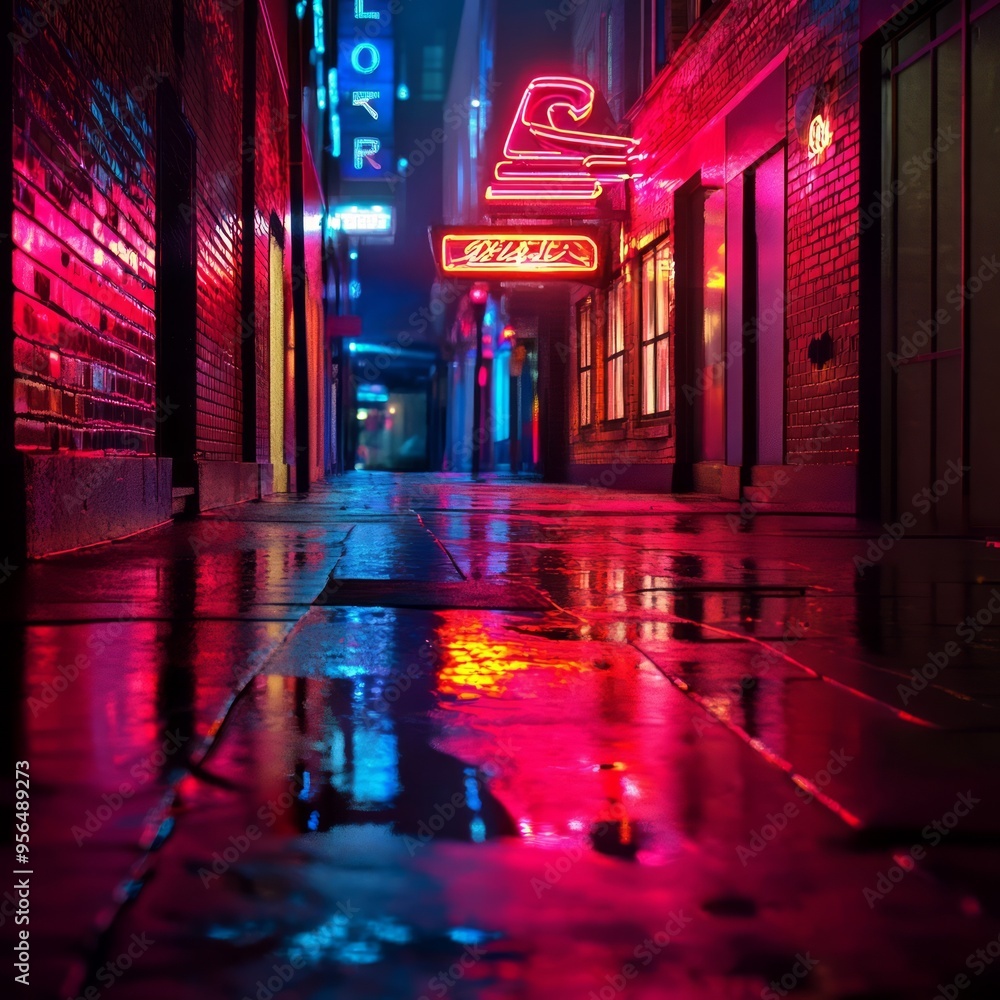 Poster A wet, neon-lit alleyway with reflections on the ground.