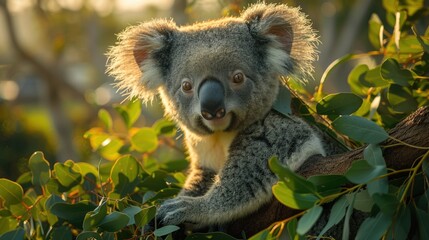 Fototapeta premium A Koala perched on a eucalyptus tree with yellow flowers in the background.